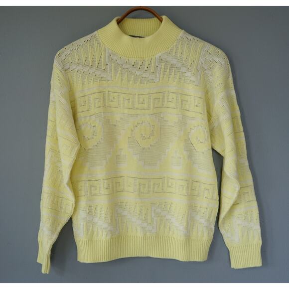 Vintage 80s Jolie USA Greek Key Knit Sweater M Retro Granny Academia Cabincore - Picture 9 of 12